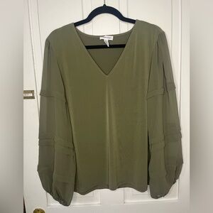 Calvin Klein Women’s Olive Green V-Neck Blouse Size L | Sheer Balloon Sleeve Top